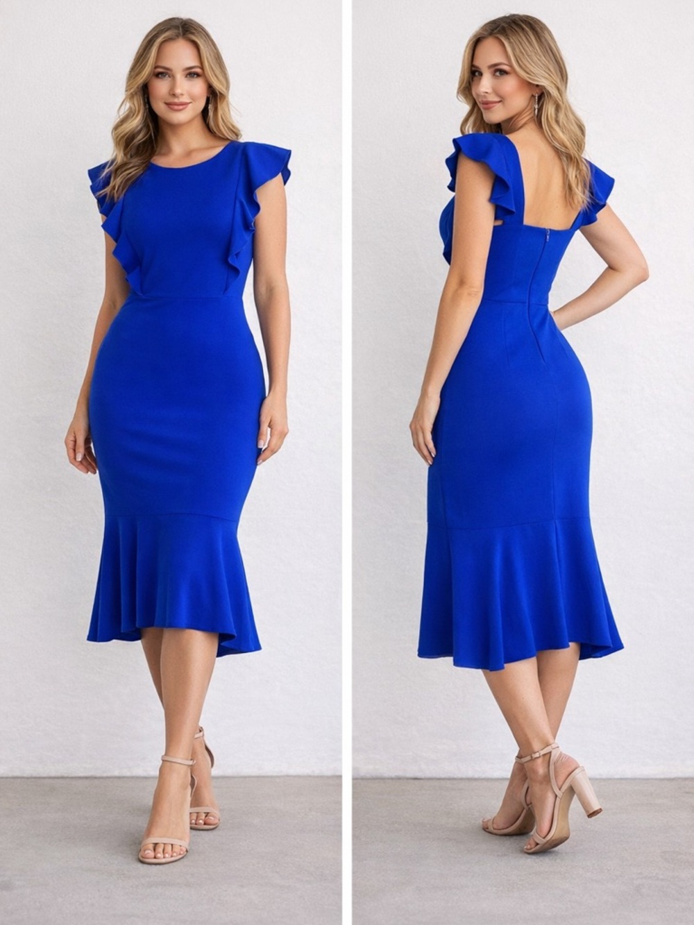 Casual Solid Flutter Sleeve Bodycon Dress Ruffle Hem Crewneck  with Zipper Sz M